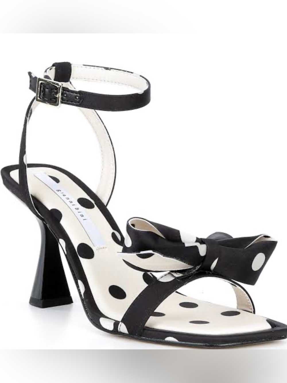 Gianni Bini Black and Beige Polka Dot Bow Ankle-Strap Heels